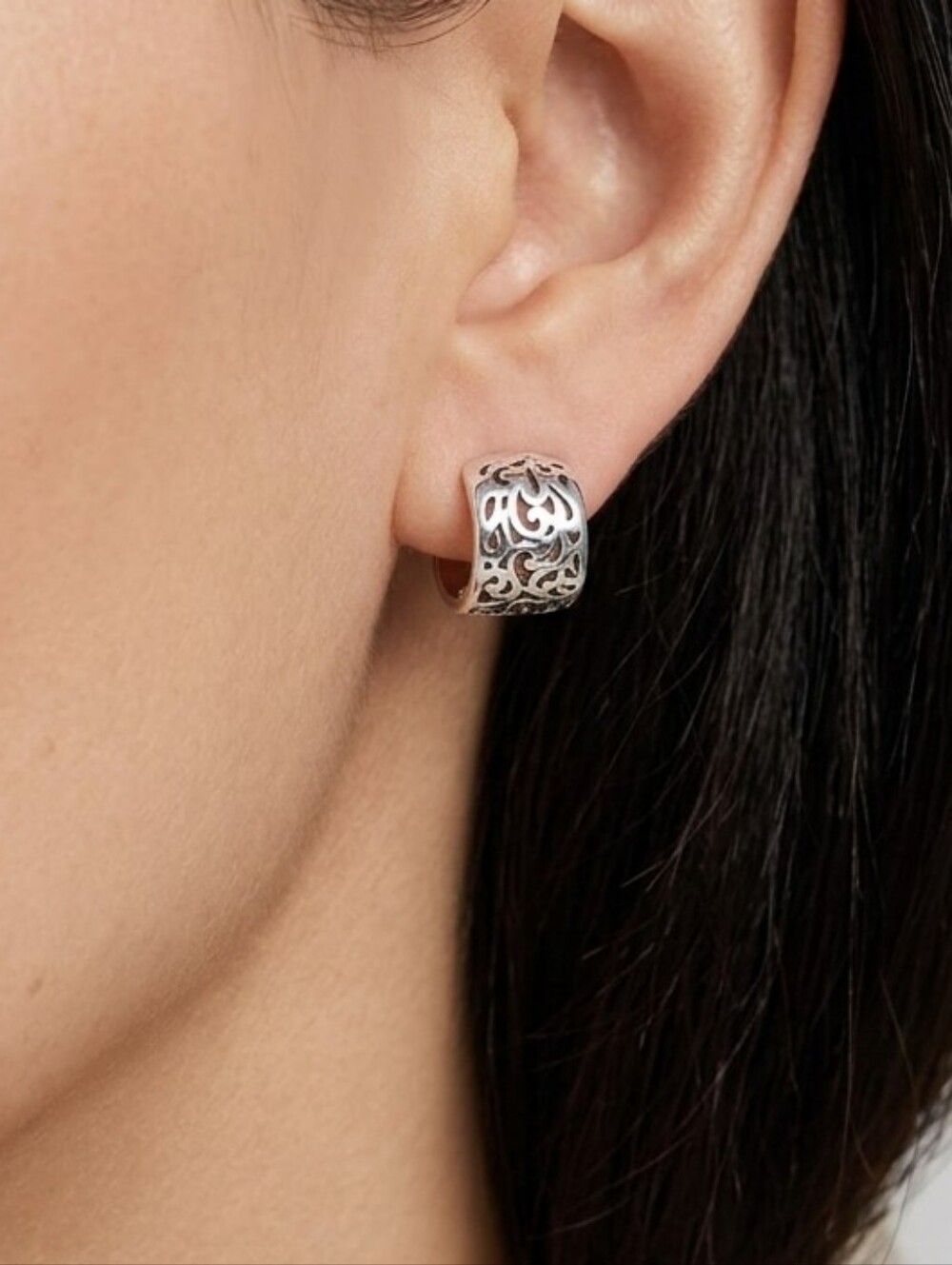 Sterling Silver Filigree Huggie Hoop Earrings - Silver